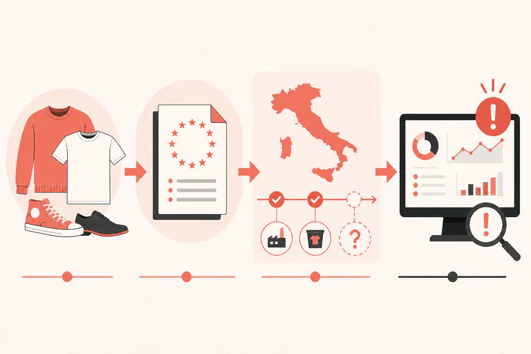 Regulatory watch map separating adopted EU textile EPR rules from pending Italian implementation and future service decisions.
